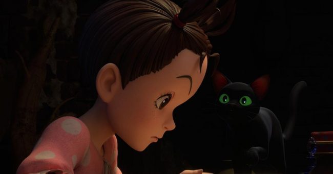 A young girl with her hair tied up in two small ponytails looks downwards, while a small black cat with large green eyes looks up at her
